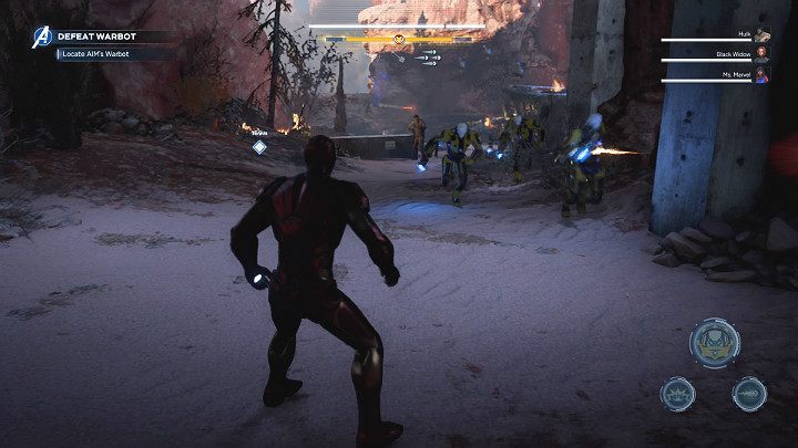 As soon as you get out of the hideout, you will face a whole bunch of Synthoids and AIM soldiers - Marvels Avengers: Agony and the Ant Hill, walkthrough - Utah Badlands - Marvels Avengers Guide