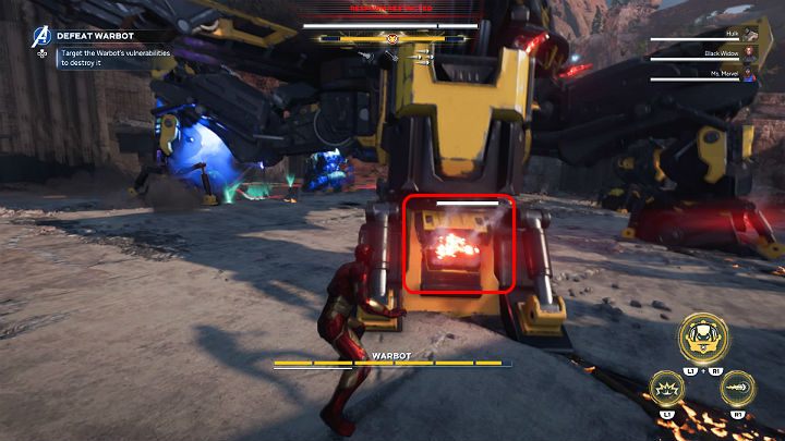 Pay attention to the overheating vents in its legs - thats your first target - Marvels Avengers: Agony and the Ant Hill, walkthrough - Utah Badlands - Marvels Avengers Guide