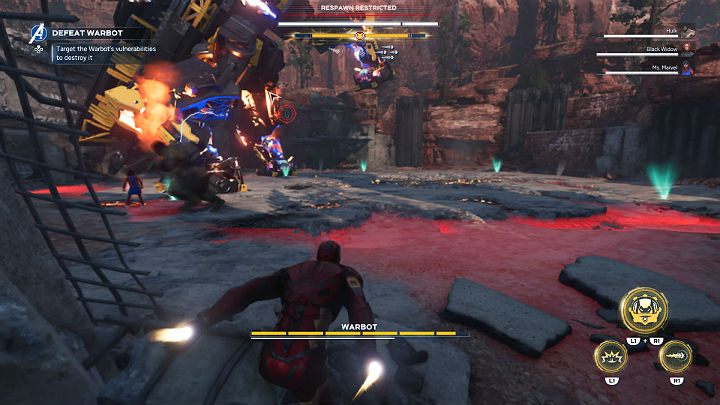 Every once in a while, the Warbot will try to turn around and perform a powerful stomp attack that will inflict massive damage on any hero who stays near it - Marvels Avengers: Agony and the Ant Hill, walkthrough - Utah Badlands - Marvels Avengers Guide
