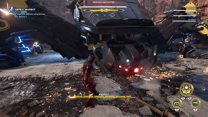 Once all the air vents are broken, the Warbot will be knocked down - Marvels Avengers: Warbot boss - how to beat? Walkthrough - Bosses - Marvels Avengers Guide