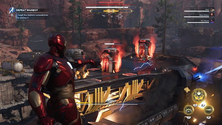Lastly, hover near the Warbot and destroy 3 pods on its back to knock the machine down again - Marvels Avengers: Warbot boss - how to beat? Walkthrough - Bosses - Marvels Avengers Guide