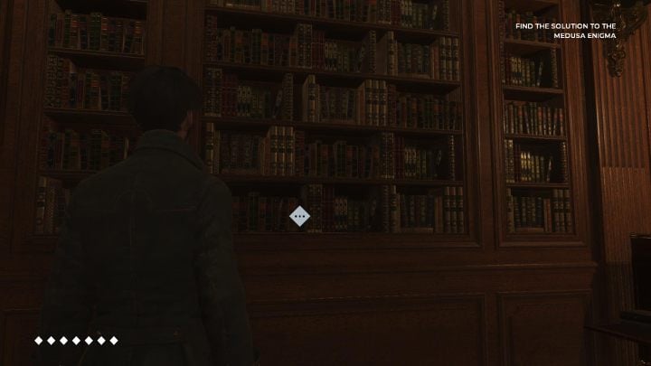 The bookshelf presented in the picture above has a book that contains a hint - How to solve the puzzle with the statues in The Council? | Gameplay basics - Gameplay basics - The Council Game Guide