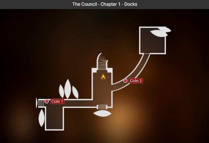 You can find two coins in the harbor - All Coins in The Council Episode 1 - Episode 1 - The Mad Ones - The Council Game Guide