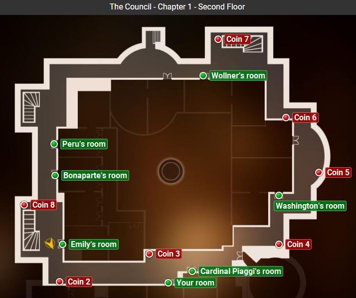 The second floor of the castle is reached during chapter 1 - everyone goes to their rooms after the conversation and you can search the entire floor - All Coins in The Council Episode 1 - Episode 1 - The Mad Ones - The Council Game Guide