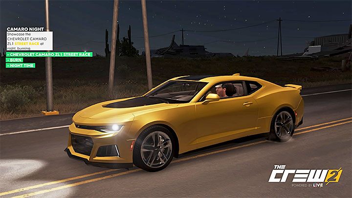 Description: Showcase the Chevrolet Camaro ZL1 Street Race at night, burning - The Crew 2: Album - Street Racing - The Crew 2: Photo Ops - The Crew 2 Game Guide