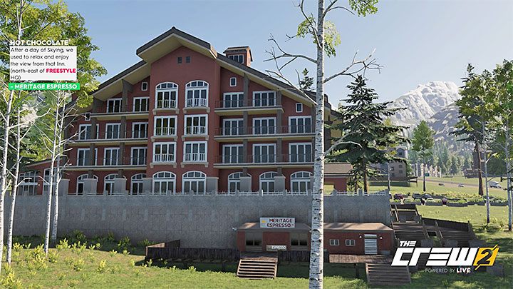 Description: After a day of skiing, we used to relax and enjoy the view from that inn (north-east from freestyle HQ) - The Crew 2: Album - Street Racing - The Crew 2: Photo Ops - The Crew 2 Game Guide