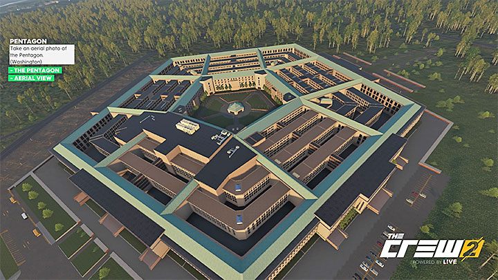 Description: Take an aerial photo of the Pentagon (Washington) - The Crew 2: Album - Street Racing - The Crew 2: Photo Ops - The Crew 2 Game Guide