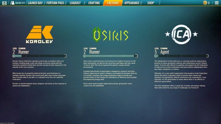 An overview of the available factions, as well as their levels. - Character development-factions | The Cycle - Basics - The Cycle Guide