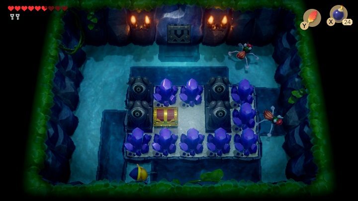 Jump over deep water and smash purple crystals to get to the chest with a Small Key - Anglers Tunnel | Links Awakening Walkthrough - Walkthrough - Links Awakening Guide