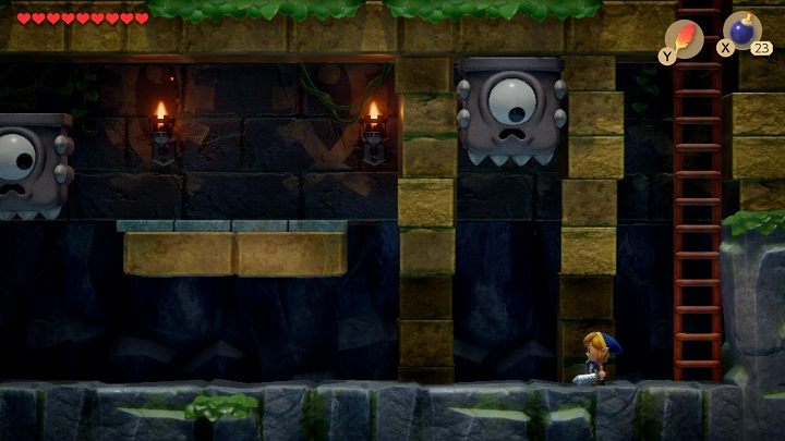 Go down the ladder and go left, watch out for the falling trap - Anglers Tunnel | Links Awakening Walkthrough - Walkthrough - Links Awakening Guide