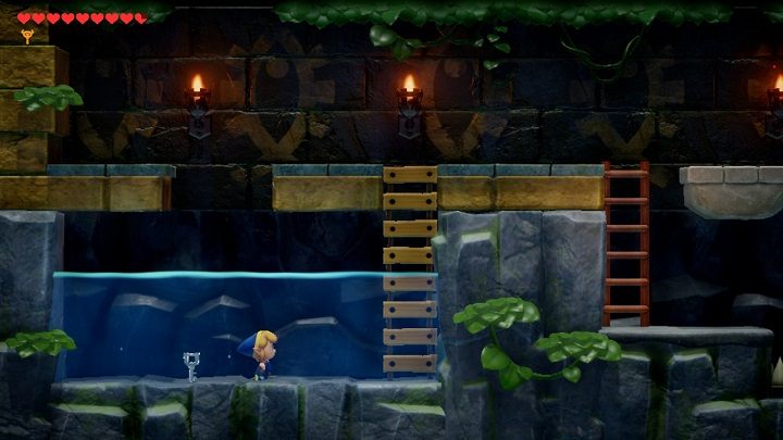 Go down the ladder, jump onto the platform to safely drive over the spiked floor and go left - Anglers Tunnel | Links Awakening Walkthrough - Walkthrough - Links Awakening Guide