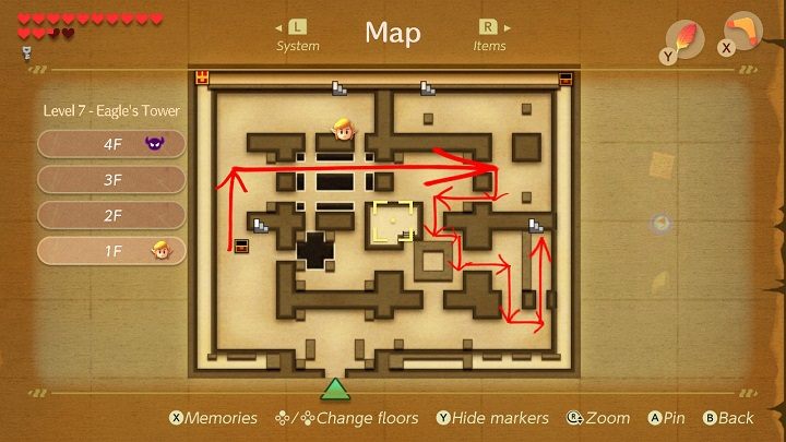 Return on the orange bricks on the floor to the place where you fell and go to the chamber on the right - Eagles Tower | Links Awakening Walkthrough - Walkthrough - Links Awakening Guide