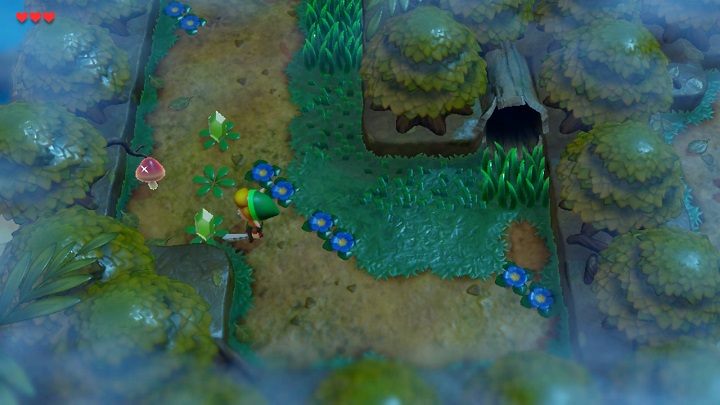 Enter the cave, destroy purple crystals using the sword and move the stone to open the chest with 50 rupees - Tail Cave | Links Awakening Walkthrough - Walkthrough - Links Awakening Guide