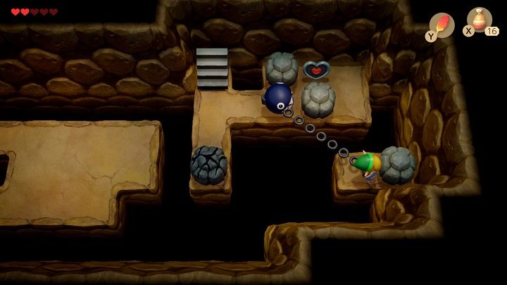 Move the bottom stone to the right so you can jump diagonally to a small piece of floor - Bottle Grotto | Links Awakening Walkthrough - Walkthrough - Links Awakening Guide