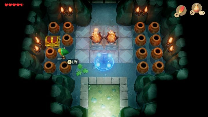 Light the torches to kill the monsters and take the Power Bracelet from the chest - Bottle Grotto | Links Awakening Walkthrough - Walkthrough - Links Awakening Guide