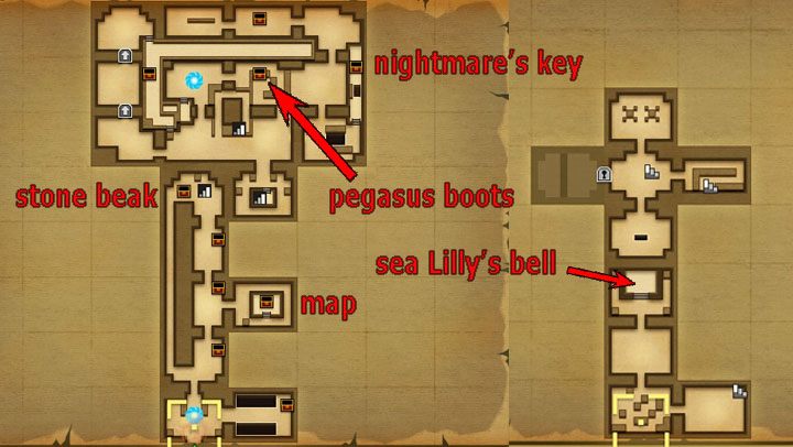 The map with the locations of major items in the Key Cavern. - Key Cavern | Links Awakening Walkthrough - Walkthrough - Links Awakening Guide