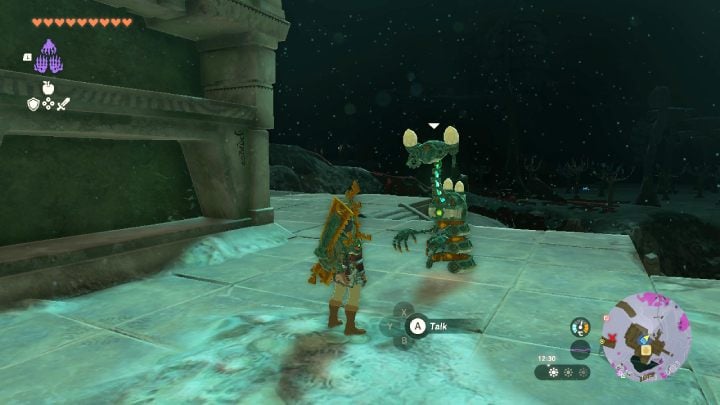 Approach the robot and collect the Schema Stone from it, an object that stores machine schematics for Zonai devices - Zelda TotK: A Mystery in the Depths - Walkthrough - Zelda Tears of the Kingdom Guide