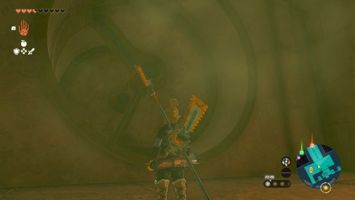 Go through moving blades to the next chamber and remove the loose bricks from the wall to reveal a light beam - Zelda TotK: Riju of Gerudo Town - walkthrough - Walkthrough - Zelda Tears of the Kingdom Guide