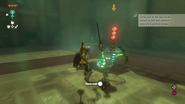 Approach the robot, lock on to it and dodge to the side once it starts bringing its sword down - Zelda Tears of the Kingdom: Kyononis Shrine - Surface - Zelda Tears of the Kingdom Guide