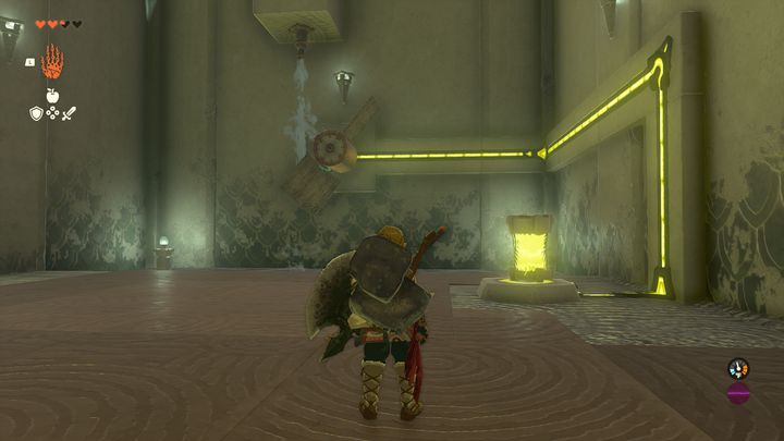 Take the charged battery with you using Ultrahand and return to the center of the location - Zelda Tears of the Kingdom: Mogawak Shrine - Surface - Zelda Tears of the Kingdom Guide