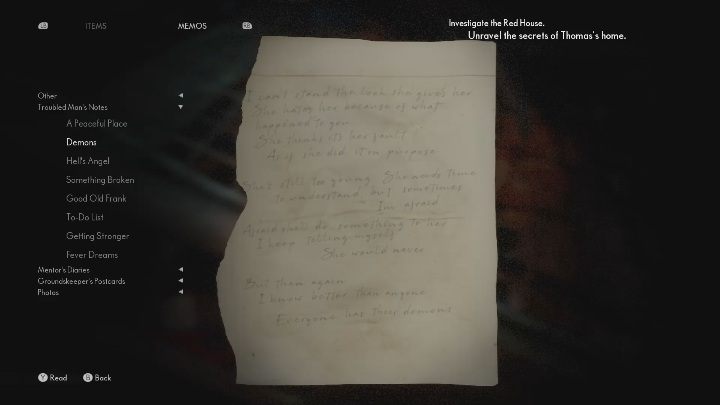 This note from a troubled man lies on the burned furniture on the right side of the house - The Medium: Notes from a troubled man - list - Secrets and Collectibles - The Medium Guide