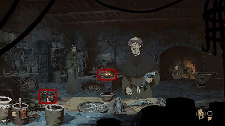 Investigate the hearth and take a hot stone from it - in order not to burn your hands use the fabric the cheese was wrapped with - Chapter One - Philip - Book One: From the Ashes - The Pillars of the Earth Game Guide