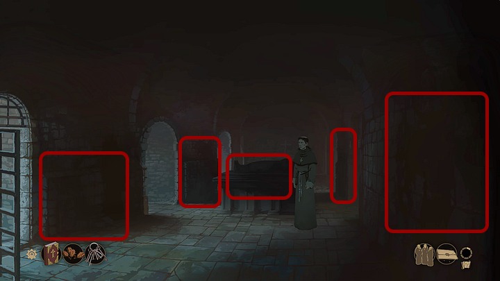 Check the dark area next to the wall between the entrance and the arcade and the other one between two arcades to the left - Chapter One - Philip - Book One: From the Ashes - The Pillars of the Earth Game Guide