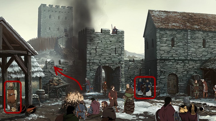 Give the chicken thigh to the knights standing in front of the tower (achievement Wannabe knight) - you will learn that it was a joke and the chicken thigh will stay in boys inventory - Chapter Three - The Conspiracy - Book One: From the Ashes - The Pillars of the Earth Game Guide