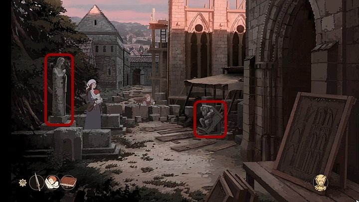 When Aliena is back at the construction site of the Cathedral in Tours, click the statue of the Virgin Mary (on the left) so that the girl can pray - Chapter Fifteen - The Journey (Cherbourg; Tours; Puente la Reina; Santiago de Compostela; Toledo; Paris) - Book Three: Eye of the Storm - The Pillars of the Earth Game Guide