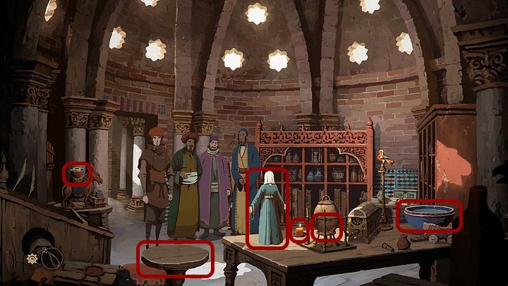 When Raschid asks Jack to present the devices, go to the table and take a small tank from the structure in the center - Chapter Fifteen - The Journey (Cherbourg; Tours; Puente la Reina; Santiago de Compostela; Toledo; Paris) - Book Three: Eye of the Storm - The Pillars of the Earth Game Guide