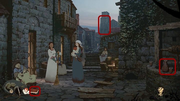 Talk with the woman who sweeps cobblestones in front of the tavern - Chapter Fifteen - The Journey (Cherbourg; Tours; Puente la Reina; Santiago de Compostela; Toledo; Paris) - Book Three: Eye of the Storm - The Pillars of the Earth Game Guide