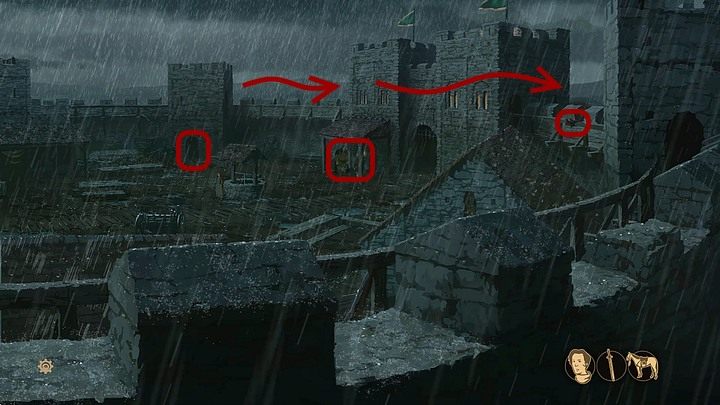 Notice that there are two of Williams henchmen who stand below the overhead protection (right from the well): Hugh Axe and Ugly Gervase - Chapter Eight - Aliena (Earlscastle yard; walls) - Book Two: Sowing the Wind - The Pillars of the Earth Game Guide