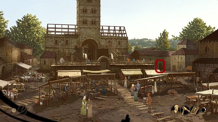 Go to the cloister (the first door to the right of the cathedral) and then head to the cemetery (go through the passage on the right) - Chapter Ten - The Rise of Kingsbridge (Kingsbridge - 5 years later) - Book Two: Sowing the Wind - The Pillars of the Earth Game Guide