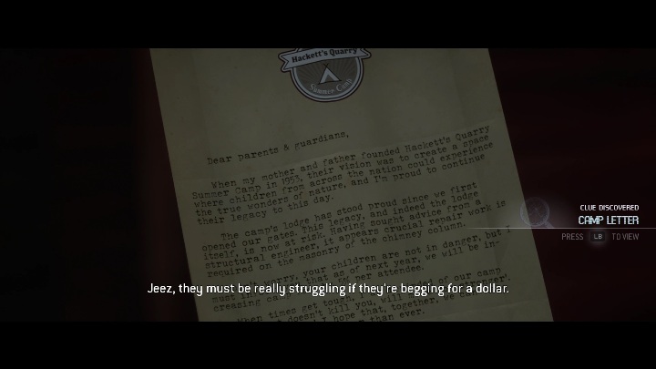 Chapter: Chapter 9 - The Quarry: Camp History - clues, location and list of all cards - Secrets - The Quarry - Game Guide