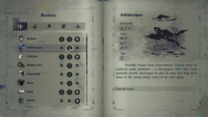 Astroscopus are creatures that live underwater in the Swamp - The Serpent Rogue: Bestiary - all pages - Followers and Monsters - The Serpent Rogue Guide
