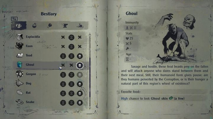 The undead Ghouls are formidable foes, so it's a good idea to convert them to your side in the early game (Ghoul Skin is sometimes dropped by humans with Corruption status in the Wasteland) - The Serpent Rogue: Bestiary - all pages - Followers and Monsters - The Serpent Rogue Guide