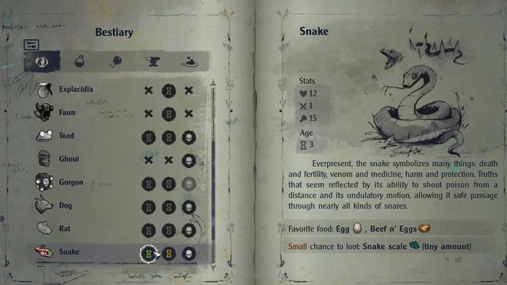 Snakes are found in the Swamp and accompany the Gorgon in the Gorgon's Lair - The Serpent Rogue: Bestiary - all pages - Followers and Monsters - The Serpent Rogue Guide