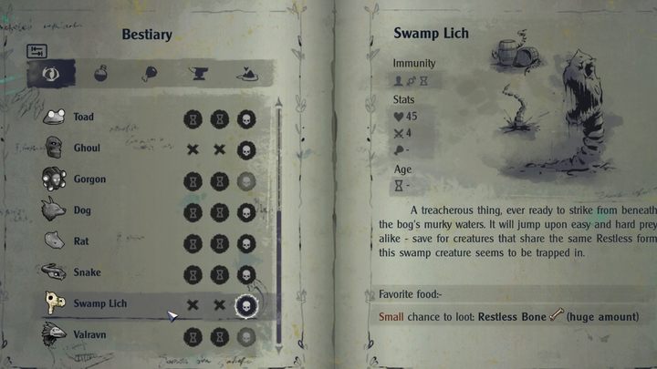The Swamp Lich is an unusual creature that can be found in the waters of the Wasteland - The Serpent Rogue: Bestiary - all pages - Followers and Monsters - The Serpent Rogue Guide