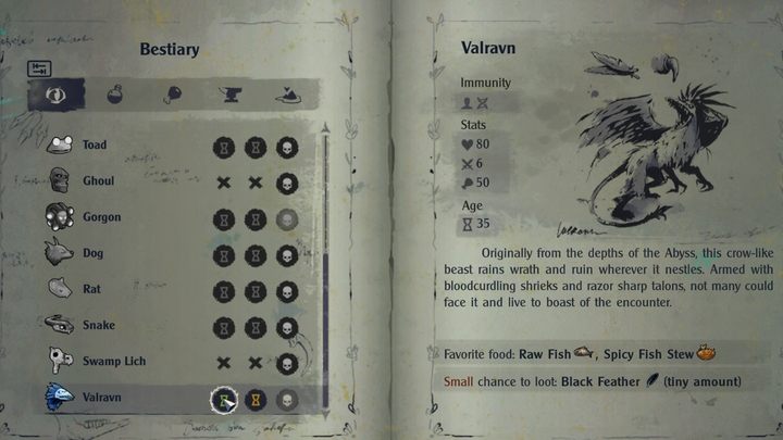 You will meet Valravn in the Swamp (in the north - regular, in the east, beyond deep water - Corrupted) and as the boss guarding the tree in the Wasteland - The Serpent Rogue: Bestiary - all pages - Followers and Monsters - The Serpent Rogue Guide