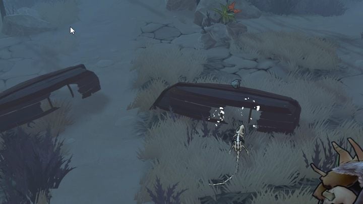 To get the fish, you'll need to turn into a rat (either use a transformation potion or the morphing statues in the Wasteland) and search the overturned boats - The Serpent Rogue: The Corrupted Land - walkthrough - Walkthrough - The Serpent Rogue Guide