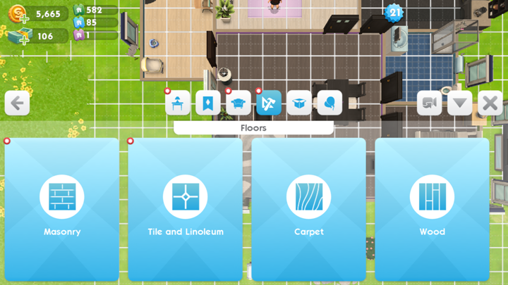 When customizing floors, the game will switch to a top-down perspective. - Build mode | The Sims House - The Sims House - The Sims Mobile Game Guide
