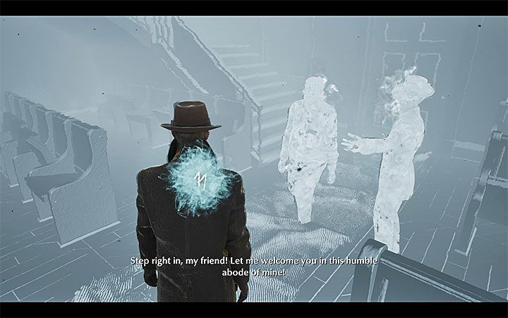 In front of the stage will be the blue cloud, so you can begin to retrocognition - Self-Defense | The Sinking City walkthrough - Main cases - The Sinking City Guide