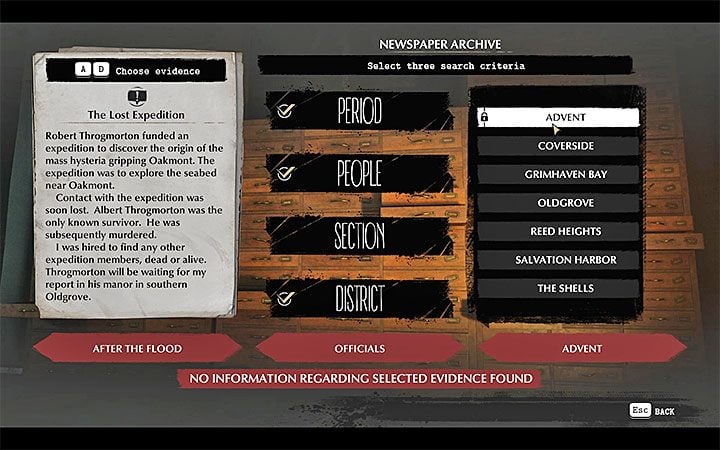 After you set the three criteria, click the button to start searching - How to use archives in The Sinking City? - FAQ - The Sinking City Guide