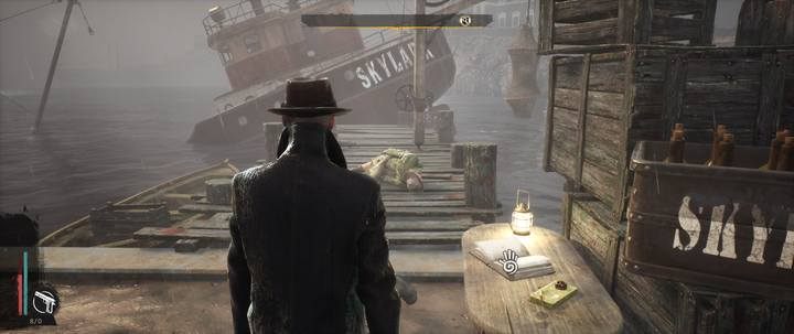 Walking down the street, you will see cargo boxes signed Skylark in the port on the side of the - the damaged ship is near the pier - Bounty of the Sea | The Sinking City walkthrough - Side cases - The Sinking City Guide