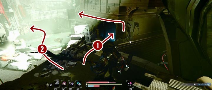 After moving through the pipe, head towards the crack in the wall (1) - Port Nixon - The Drug Lord | The Surge 2 Walkthrough - Main story - The Surge 2 Guide