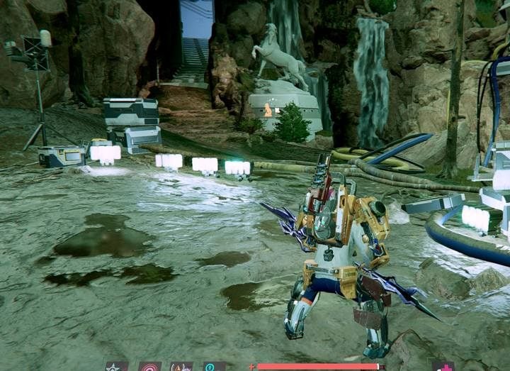 Head for the Mustang Hills , a trail marked with a horse icon, from the main square - Gideons Rock - The Three Towers | The Surge 2 Walkthrough - Main story - The Surge 2 Guide