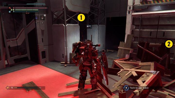 Downstairs, there is a human enemy and two machines with containers - Research Zone | The Surge Walkthrough - Walkthrough - The Surge Game Guide