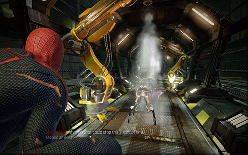 Go there and head to the other side, blocking hot steam with your web - Chapter 10 - Spider-Man No More! - p. 1 - Walkthrough - The Amazing Spider-Man - Game Guide and Walkthrough