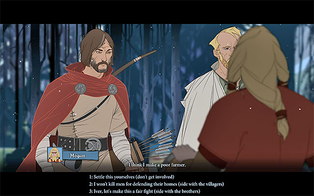 Selection of the last dialogue option on the list results in Hoguns and Moguns joining the caravan - The more important decisions | Lists - Lists - The Banner Saga Game Guide