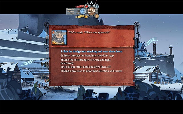 The last option on the list lets you avoid fighting, but at the cost of Mogr as the member of the party - The more important decisions | Lists - Lists - The Banner Saga Game Guide